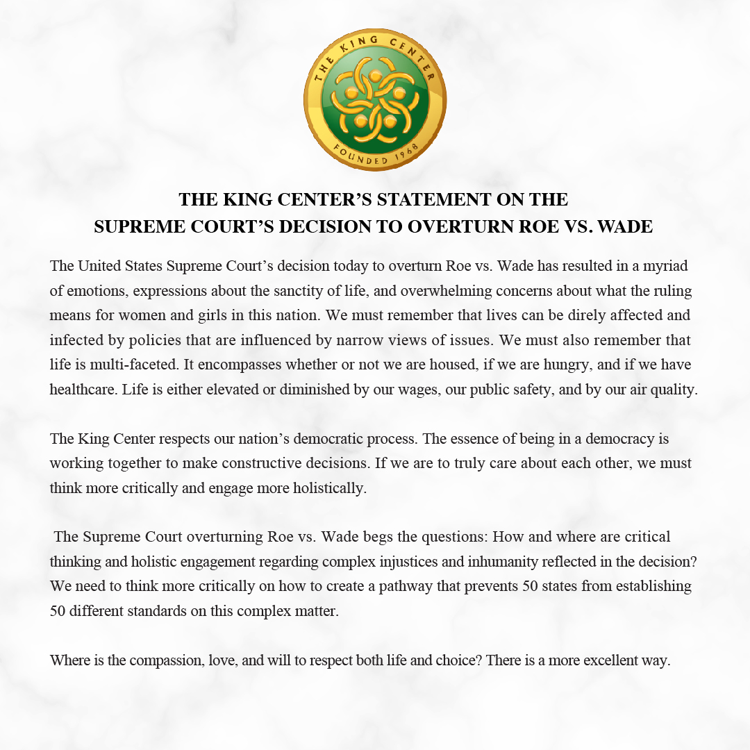 The King Center's Statement on the Supreme Court's Decision to Overturn Roe Vs. Wade