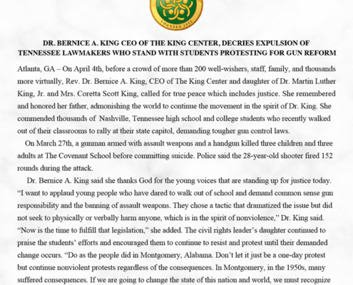 Decries Expulsion of Tennessee Lawmakers Who Stand with Students Protesting for Gun Reform
